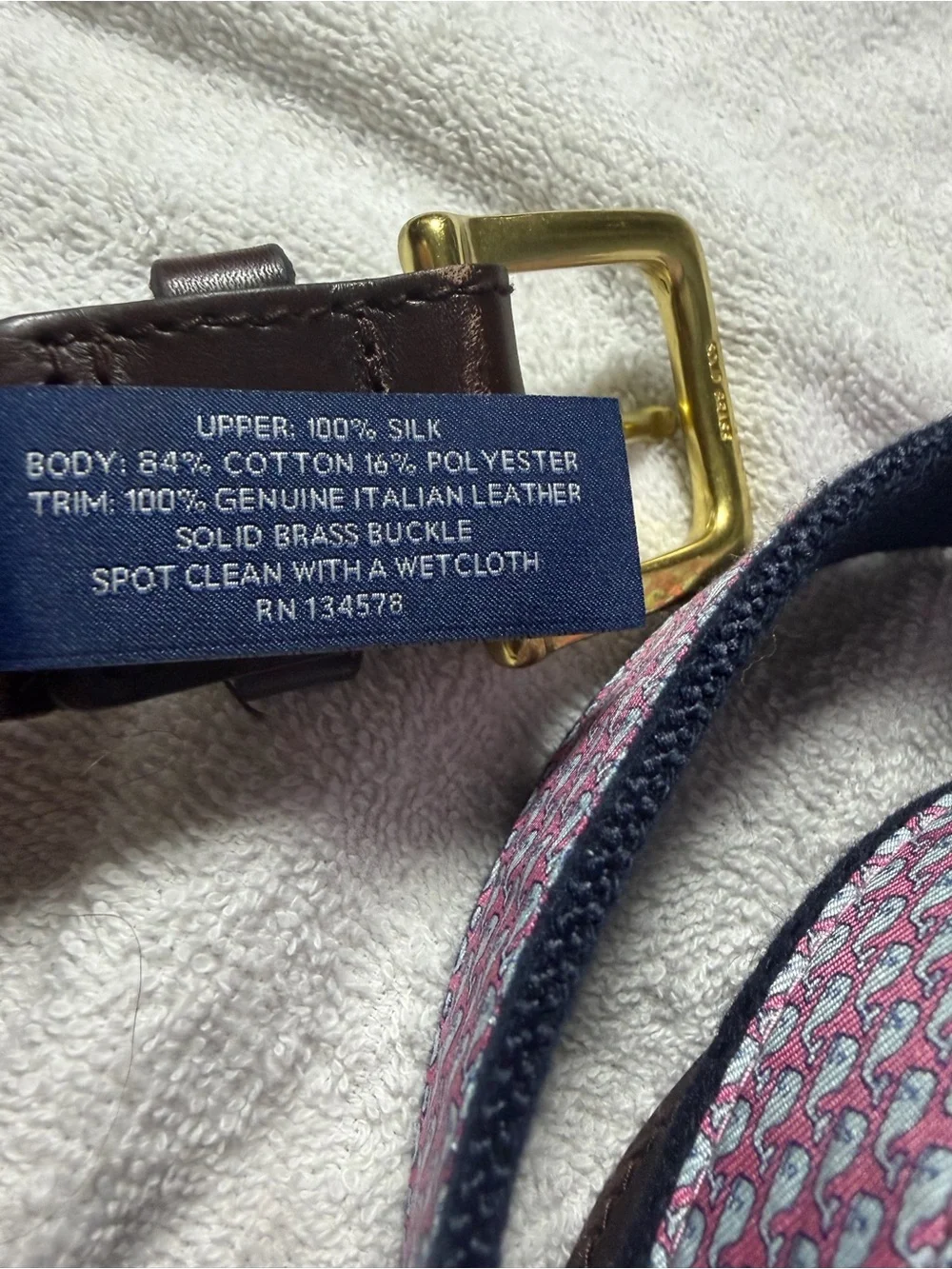 Vineyard Vines Pink Patterned Leather Belt with Gold Buckle